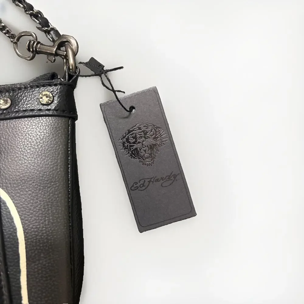 Ed Hardy Women's Black Leather Shoulder Bag W Rhinestones Rare Sample Bag New
